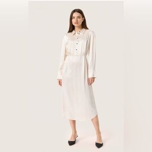 SOAKED IN LUXURY Sz M Cream Button-Up Bodice Drawstring Belt Midi Dress NEW